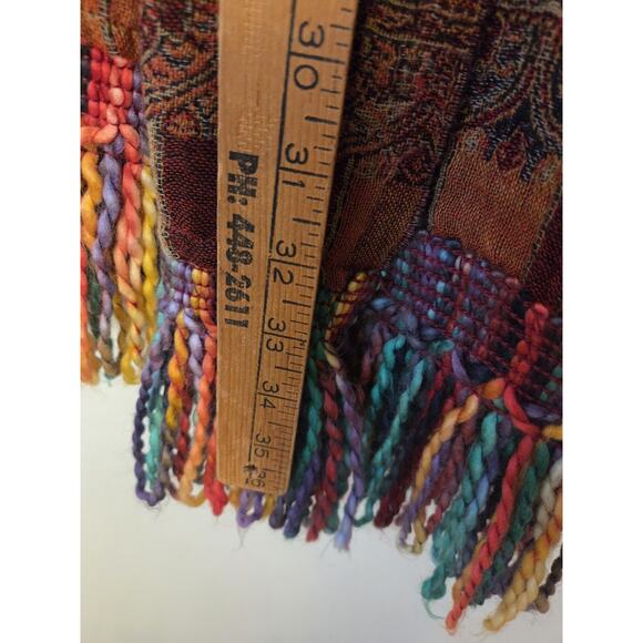 Coldwater Creek Large Scarf Wrap Boho Artsy 72"x27" Wool Blend Colorful Fringe - Picture 10 of 10